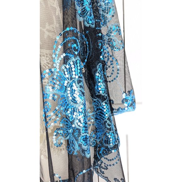 Blue black floral sequin sheer kimono cover up jacket - Picture 4 of 5